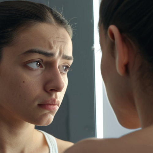 Home 4 A person looking in a mirror, thoughtfully examining their facial expression. Focus on capturing a sense of self-awareness and introspection related to understanding emotions.