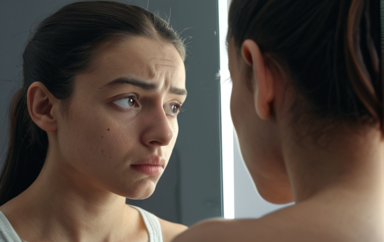 A person looking in a mirror, thoughtfully examining their facial expression. Focus on capturing a sense of self-awareness and introspection related to understanding emotions.